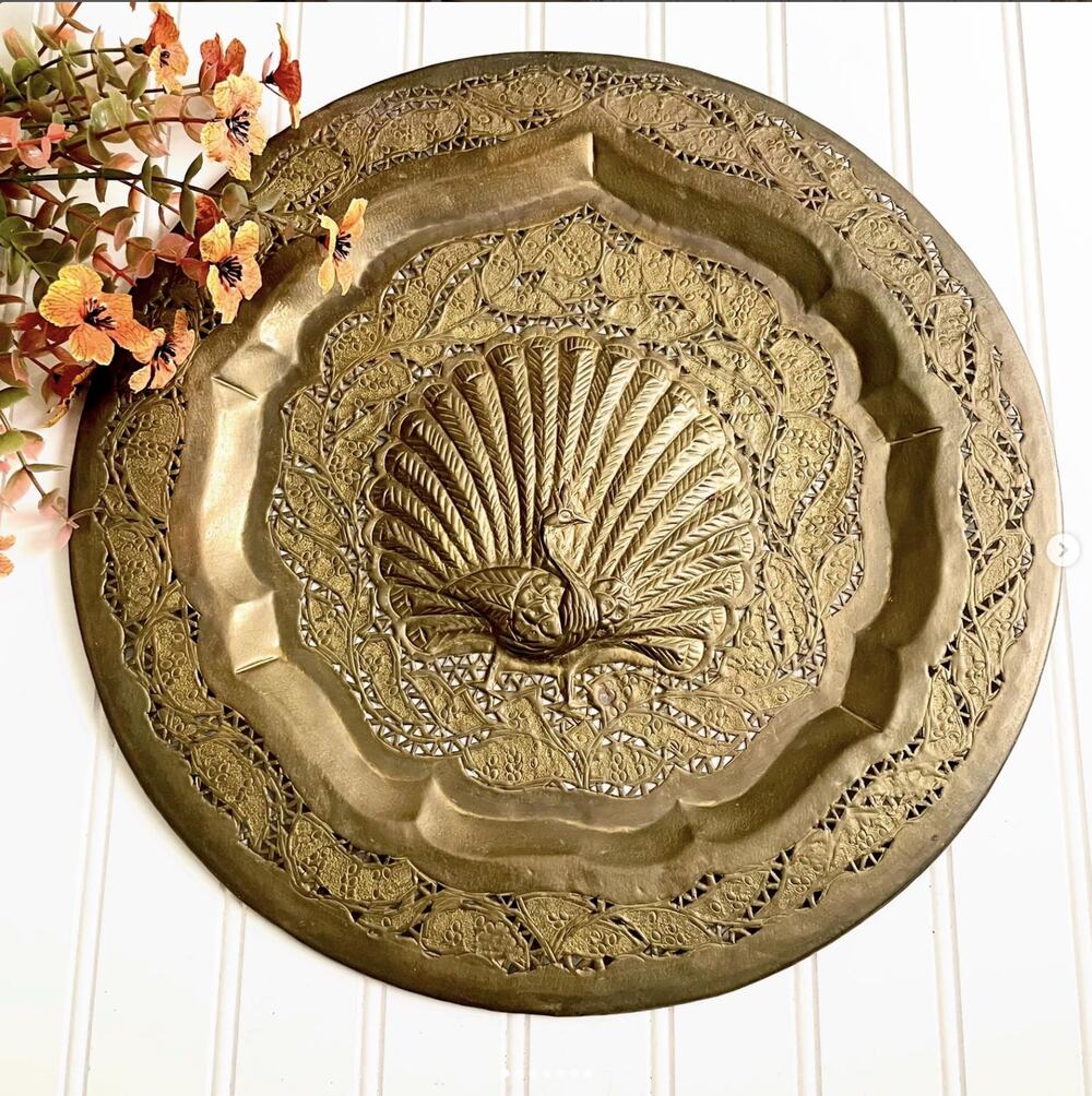 Vintage Brass Round Tray Wall Hanging Ornate Scallop Edging Etched Floral
